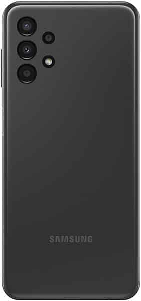 Samsung Galaxy A13 4G rear view, showing black back panel with quad camera array and Samsung logo