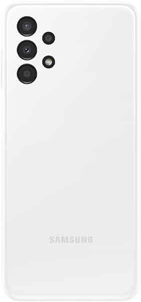 Samsung Galaxy A13 4G rear view, white, showing triple camera array and single lens on upper left corner