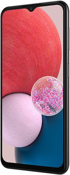 Samsung Galaxy A13 4G front view, displaying colorful wallpaper with red and pink circles on screen