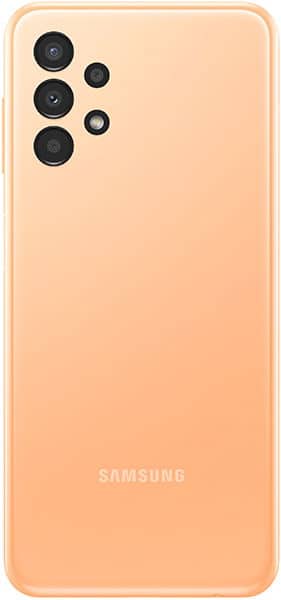 Samsung Galaxy A13 4G rear view, peach color, showing triple camera setup and Samsung branding