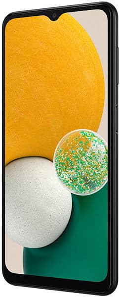 Samsung Galaxy A13 5G in black shown angled to display front screen with a colorful abstract yellow, white, and green wallpaper.