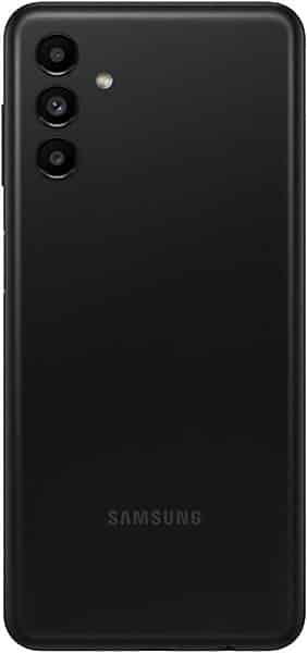 Rear view of black Samsung Galaxy A13 5G with triple cameras, two flash modules upper left, and Samsung logo at the bottom.