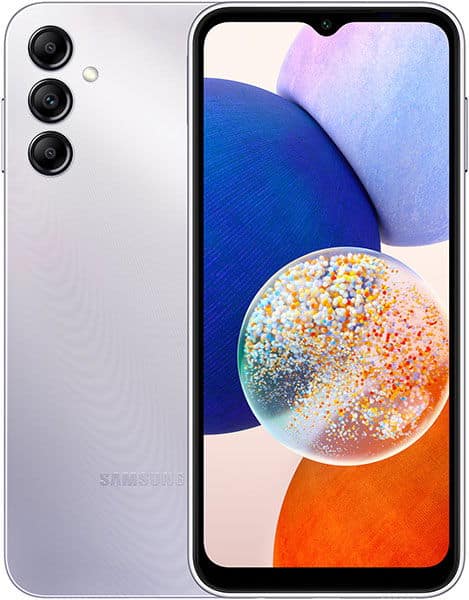 Samsung Galaxy A14 5G front and rear view, white, showing triple rear cameras and display with colorful abstract design wallpaper