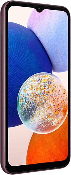 Samsung Galaxy A14 5G front view, displaying colorful abstract wallpaper with blue, orange, and geometric shapes on screen