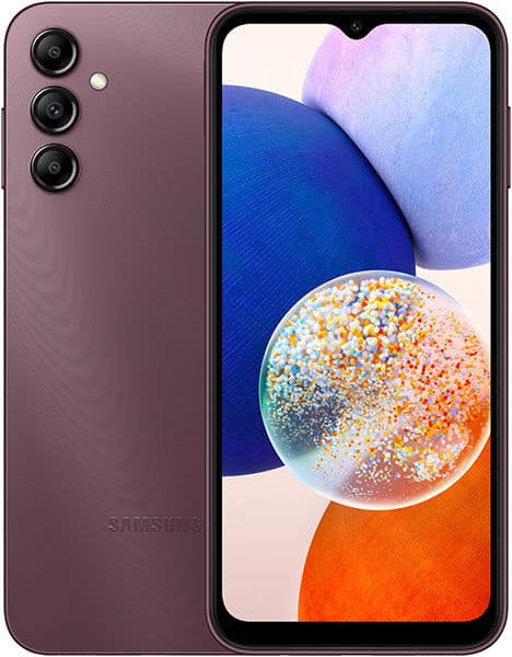 Samsung Galaxy A14 5G in mauve, front view, displaying colorful abstract spheres on screen with triple rear camera setup visible