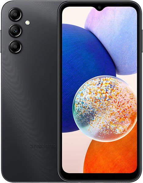 Samsung Galaxy A14 5G front view, showing dark gray phone with triple rear cameras and colorful abstract wallpaper on screen