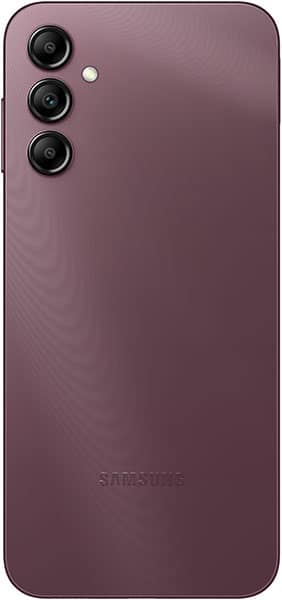 Samsung Galaxy A14 5G rear view, burgundy finish with triple camera setup and Samsung branding visible