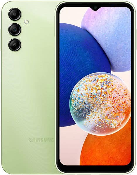 Samsung Galaxy A14 5G in light green, front view, showing triple rear camera setup and display with colorful abstract wallpaper