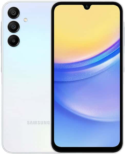 Samsung Galaxy A15 5G front and rear view, light blue finish with triple camera setup and colorful gradient display showing yellow, blue, and purple waves