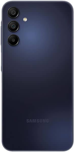 Samsung Galaxy A15 5G rear view, dark blue finish with triple camera setup and Samsung branding visible