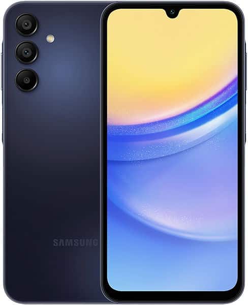Samsung Galaxy A15 5G front and rear view, dark blue phone with triple rear cameras and yellow-to-blue gradient display wallpaper