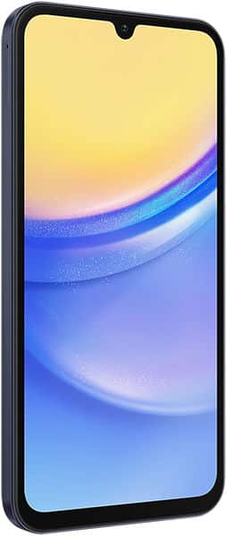 Samsung Galaxy A15 5G front view, displaying blue and yellow gradient wallpaper on screen with waterdrop notch