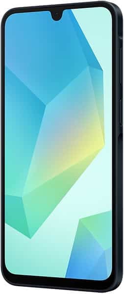 Samsung Galaxy A16 front view, black phone with colorful geometric wallpaper on screen