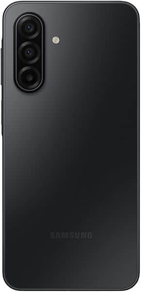 Samsung Galaxy A17 rear view, black, showing triple camera module and Samsung branding