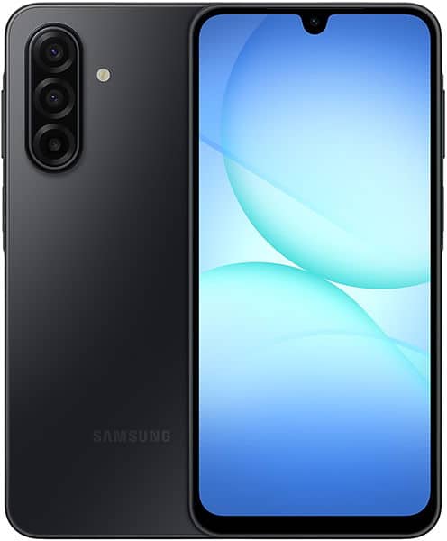 Samsung Galaxy A17 front view with black finish, triple rear camera, and blue gradient display