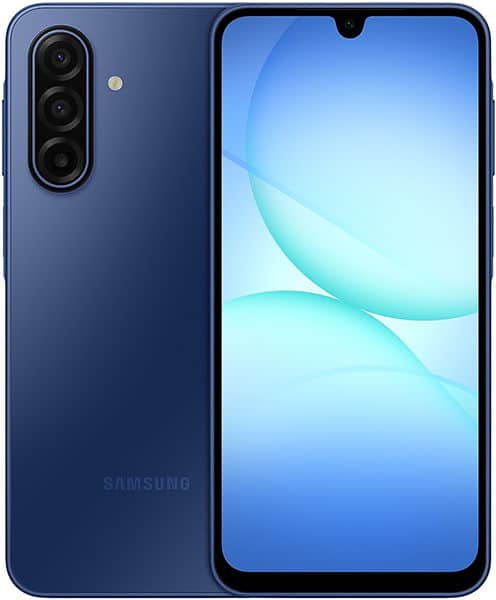 Samsung Galaxy A17 front view showing dark blue back with triple camera setup and bright display with blue gradient wallpaper