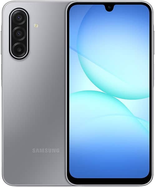 Samsung Galaxy A17 front view with silver finish, triple rear camera, and blue gradient wallpaper on screen