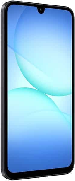Samsung Galaxy A17 front view, displaying blue gradient wallpaper on screen with waterdrop notch