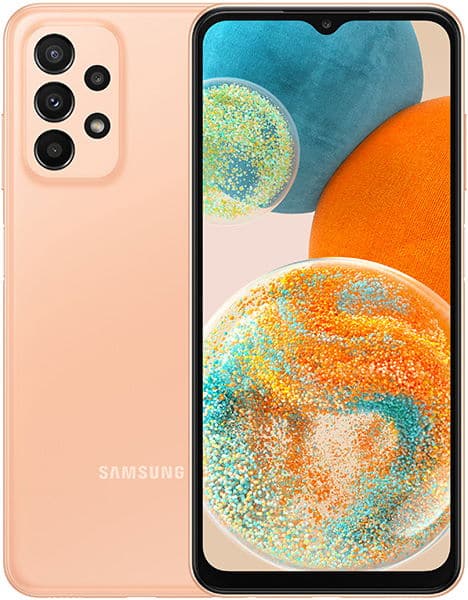 Samsung Galaxy A23 5G in peach, front view, displaying colorful abstract spheres on screen with quad rear camera setup visible