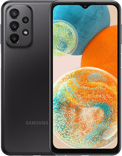 Samsung Galaxy A23 5G, front view, black smartphone with quad rear camera setup and colorful abstract display wallpaper