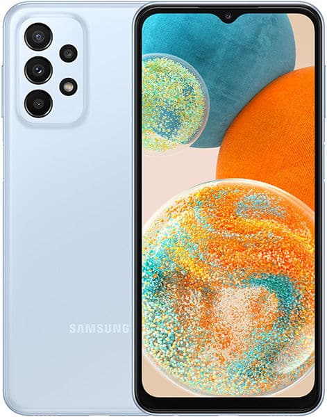 Samsung Galaxy A23 5G front view, light blue, showing quad rear cameras and display with abstract colorful artwork