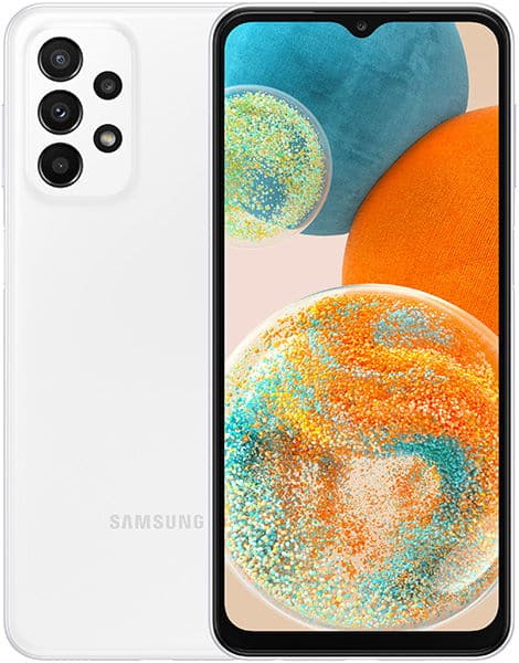 Samsung Galaxy A23 5G front and rear views, white finish with quad camera setup and display showing colorful abstract design