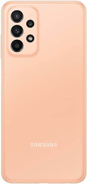 Samsung Galaxy A23 5G rear view in peach color, showing triple camera setup and Samsung branding
