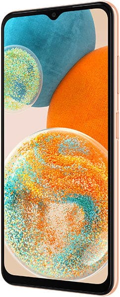 Samsung Galaxy A23 5G, front view, displaying colorful abstract wallpaper with orange and blue spheres
