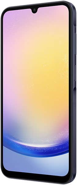 Samsung Galaxy A25 front view with gradient display showing pink, yellow, and blue tones on screen