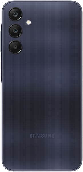 Samsung Galaxy A25 rear view showing dark blue textured back with triple camera module and Samsung branding