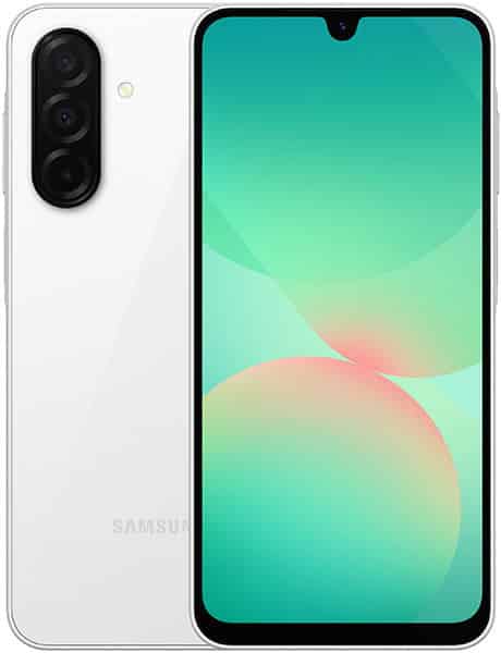 Samsung Galaxy A26 front view with white back, dual rear cameras, and turquoise gradient display