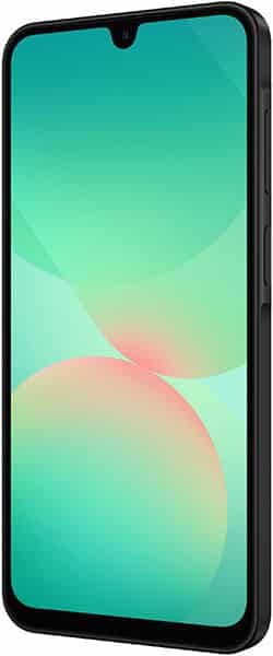 Samsung Galaxy A26 front view with turquoise wallpaper displaying abstract curved shapes on screen