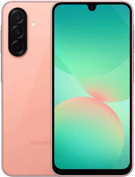 Samsung Galaxy A26 front view, pink, with dual rear cameras and turquoise gradient screen display