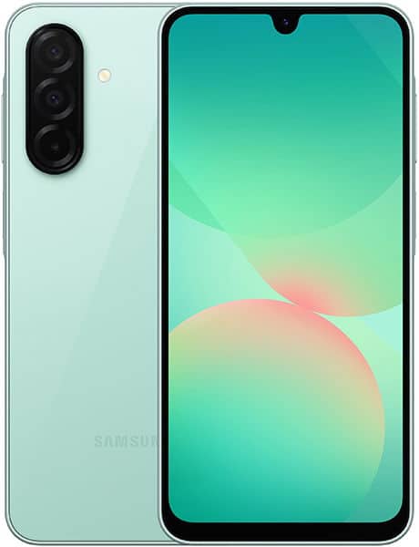 Samsung Galaxy A26 front view with light mint back and display showing gradient wallpaper with turquoise and peachy tones