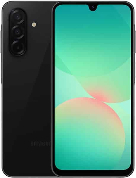 Samsung Galaxy A26 front view, black phone with triple rear cameras and turquoise gradient display