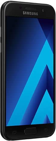 Samsung Galaxy A3 (2017) front view with black frame and blue geometric wallpaper on screen