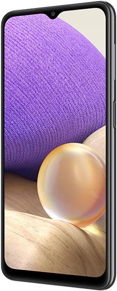 Samsung Galaxy A32 5G front view displaying waterdrop notch screen with purple fabric and glass sphere on wooden surface