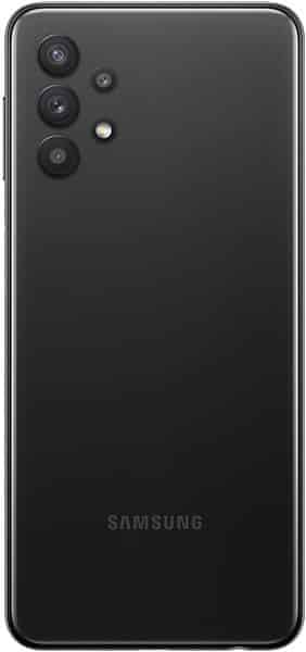 Samsung Galaxy A32 5G rear view, black, showing triple camera setup and Samsung logo