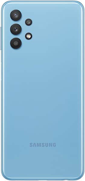 Samsung Galaxy A32 5G rear view, light blue, showing vertical camera array and Samsung branding
