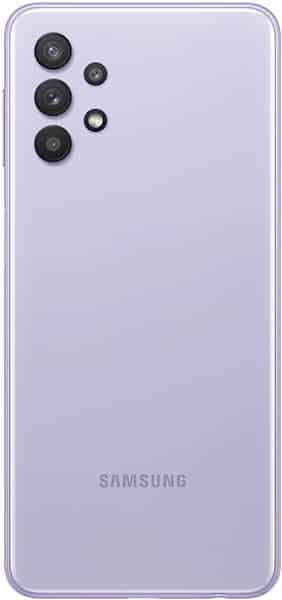 Samsung Galaxy A32 5G rear view, showing purple back with quad camera array and Samsung logo