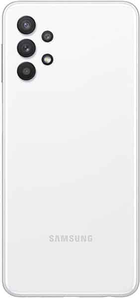Samsung Galaxy A32 5G rear view, white, showing rectangular camera module with four lenses in upper left corner