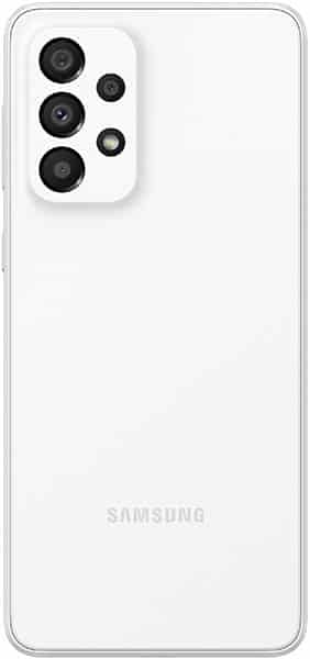 Samsung Galaxy A33 5G rear view, white, showing multiple camera lenses in upper left corner and Samsung branding