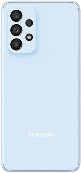 Samsung Galaxy A33 5G rear view, light blue with multiple camera lenses on upper left corner