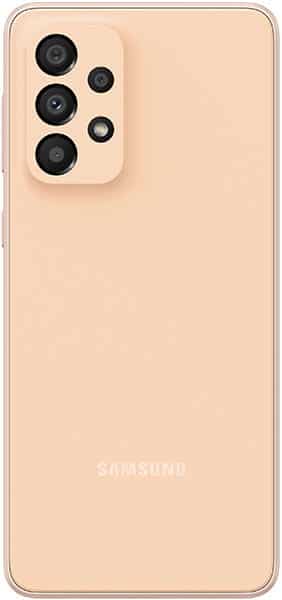 Samsung Galaxy A33 5G rear view in peach, showing multiple camera lenses and Samsung branding