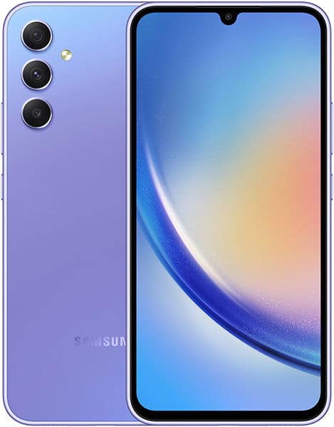 Samsung Galaxy A34 front and rear view, purple gradient finish with triple rear cameras and blue gradient display screen