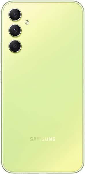 Samsung Galaxy A34 rear view, light green body with triple camera module on upper left and Samsung branding centered