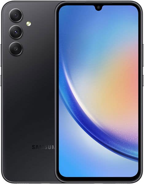 Samsung Galaxy A34 front and rear view, black finish, showing triple rear camera setup and blue gradient display with waterdrop notch