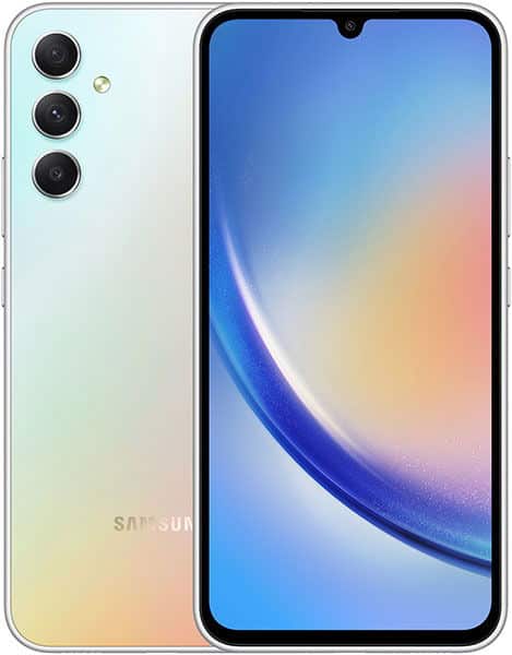 Samsung Galaxy A34 front and rear view, white, showing triple rear camera setup and blue-gradient display with curved design element