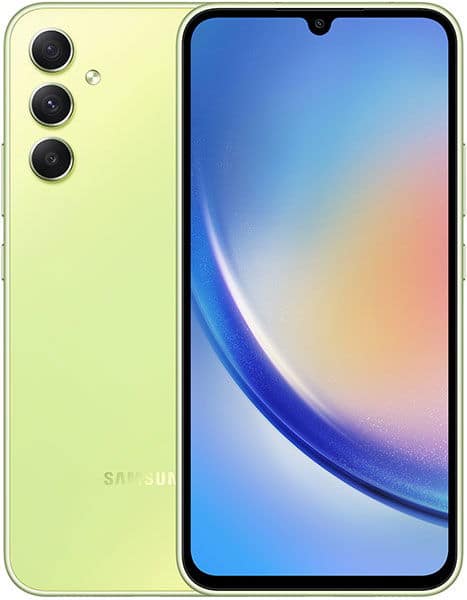 Samsung Galaxy A34 front and rear view, pale yellow finish, with triple rear cameras and gradient blue-to-pink display screen
