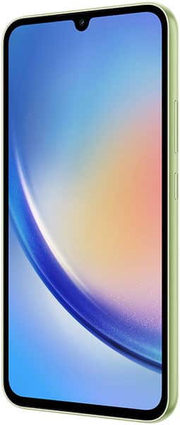 Samsung Galaxy A34 front view showing blue gradient display with waterdrop notch and light green frame